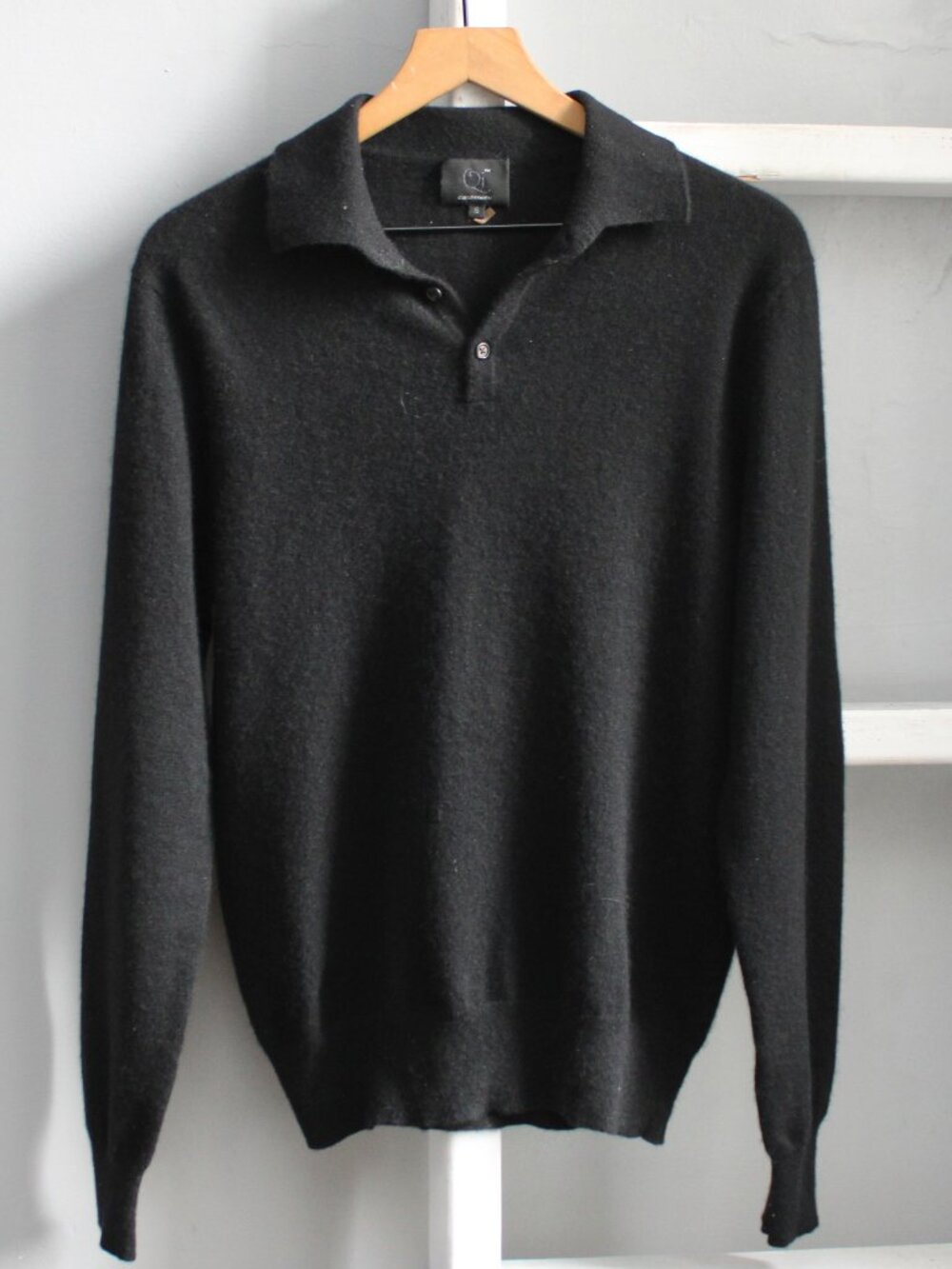 Qi Cashmere 100% Cashmere Long-Sleeve Pullover Polo Sweater Black Men's sz Small